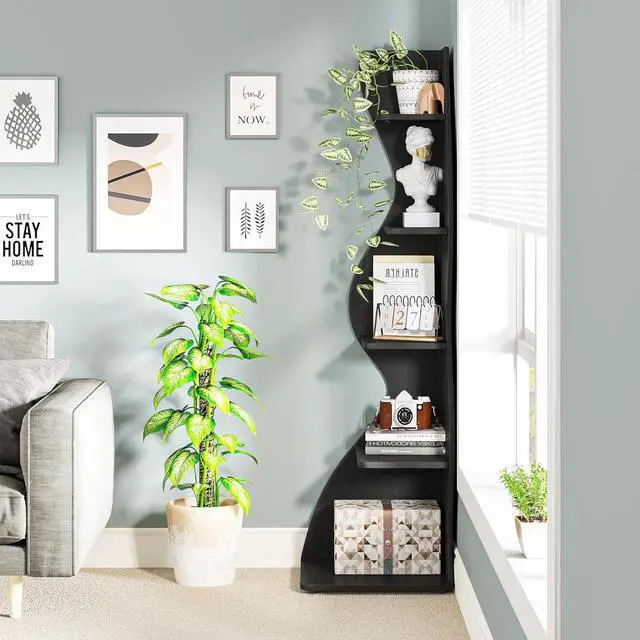 Alt view image 5 of 7 - Tribesigns Corner Shelf, Modern 5-Tier Wall Corner Bookshelf, Stylish Corner Small Bookcase Storage Rack Plant Stand with Unique Shape for Living Room, Home Office, (1PC, Black)