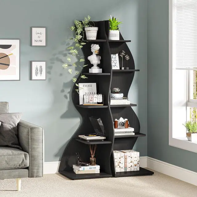 Alt view image 6 of 7 - Tribesigns Corner Shelf, Modern 5-Tier Wall Corner Bookshelf, Stylish Corner Small Bookcase Storage Rack Plant Stand with Unique Shape for Living Room, Home Office, (1PC, Black)