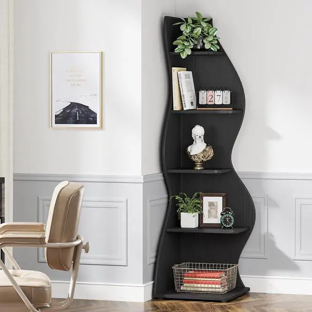Alt view image 7 of 7 - Tribesigns Corner Shelf, Modern 5-Tier Wall Corner Bookshelf, Stylish Corner Small Bookcase Storage Rack Plant Stand with Unique Shape for Living Room, Home Office, (1PC, Black)