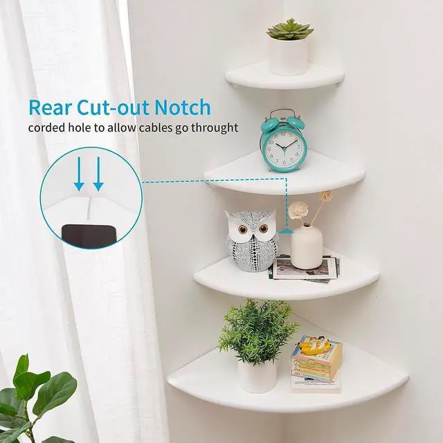 Alt view image 2 of 7 - Corner Shelves, White Floating Corner Shelf, Set of 2 12inch Solid Oak Wood Wall Shelves, Round End Wall Mount with Wire Hole for Small Plant for Bedroom Kitchen, Living Room