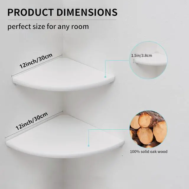 Alt view image 5 of 7 - Corner Shelves, White Floating Corner Shelf, Set of 2 12inch Solid Oak Wood Wall Shelves, Round End Wall Mount with Wire Hole for Small Plant for Bedroom Kitchen, Living Room