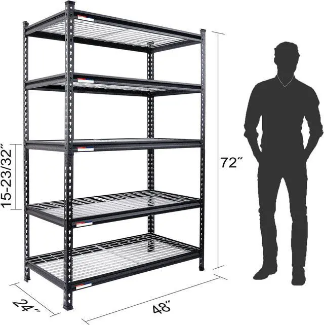 Alt view image 3 of 7 - 5-Tier Metal Storage Shelving Unit, 48W x 24D x 72H, Adjustable Storage Rack Heavy Duty Shelf, 4000 lbs Load Capacity (Total), for Garage, Kitchen, Bathroom, Warehouse, Black/Sliver