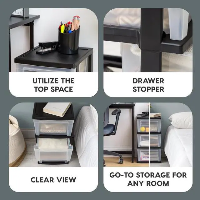 Alt view image 4 of 7 - IRIS USA 3-Drawer Slim Narrow Storage Organizer, 2-Pack, Black/Clear