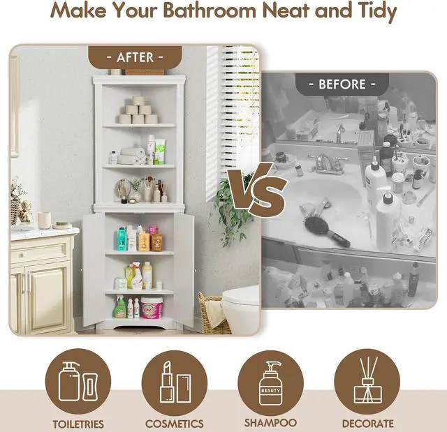 Alt view image 5 of 7 - Flamaker Corner Cabinet, Freestanding Corner Shelf for Bathroom, White
