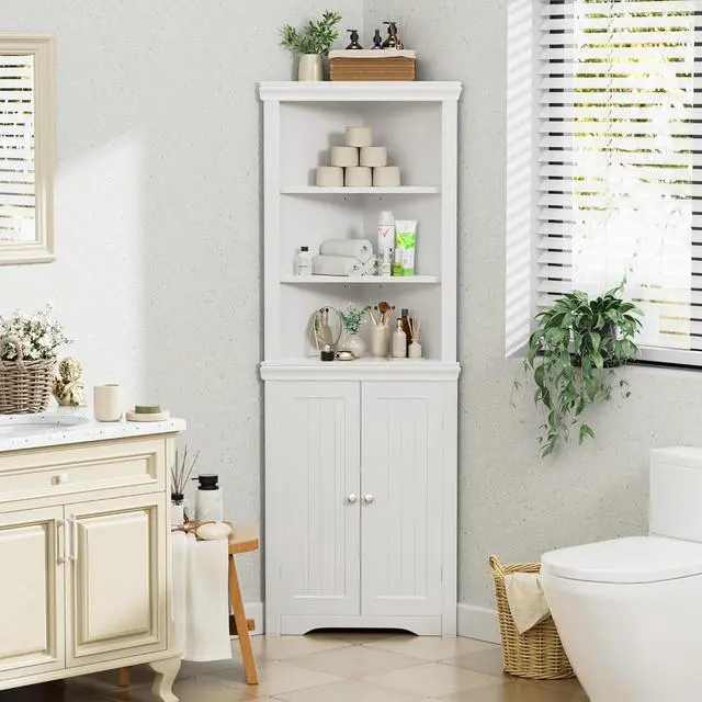 Alt view image 3 of 7 - Flamaker Corner Cabinet, Freestanding Corner Shelf for Bathroom, White