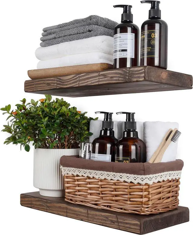 Main image of BGMG Floating Shelves 16 inch Long, Distressed Rustic Wooden Wall Shelves for Bathroom Living Room Bedroom Kitchen Farmhouse Set of 2-16x6.7x1.25 inch-Distressed Walnut