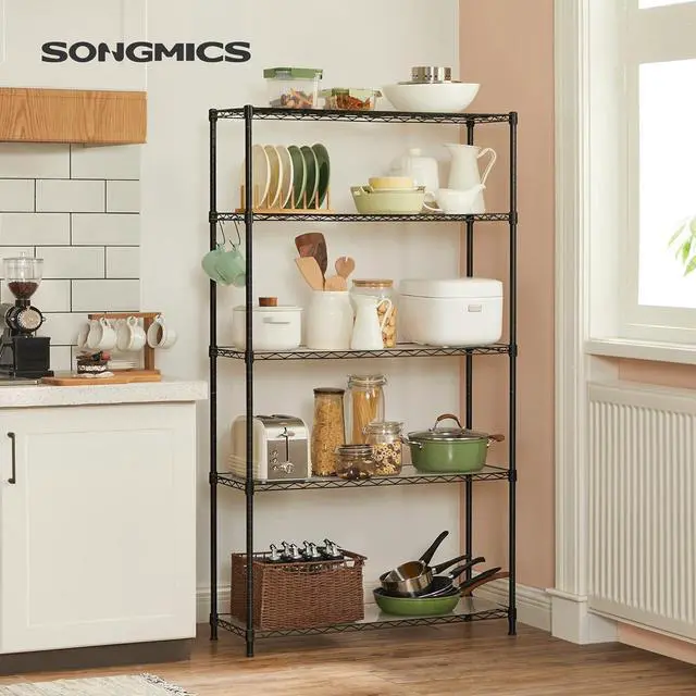 Alt view image 2 of 7 - SONGMICS 5-Tier Storage Shelves, Wire Shelving Unit, Kitchen Metal Shelves, Storage Rack with Adjustable Shelves, Shelf Liners, 8 Hooks, for Garage, 11.8 x 35.4 x 63 Inches, Black ULGR095B01