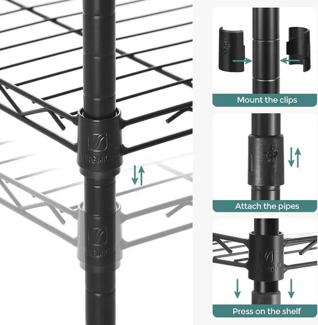 Alt view image 5 of 7 - SONGMICS 5-Tier Storage Shelves, Wire Shelving Unit, Kitchen Metal Shelves, Storage Rack with Adjustable Shelves, Shelf Liners, 8 Hooks, for Garage, 11.8 x 35.4 x 63 Inches, Black ULGR095B01
