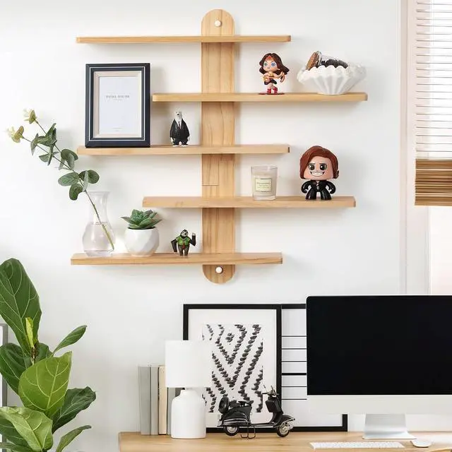Alt view image 2 of 7 - Wooden Floating Shelves for Wall, Small Wood Display Shelves Rack for Collectibles-Figures, Mini Decor, Toy, Toniebox - 16 inches Sliding Trinket Shelf with 2 Types of Installation