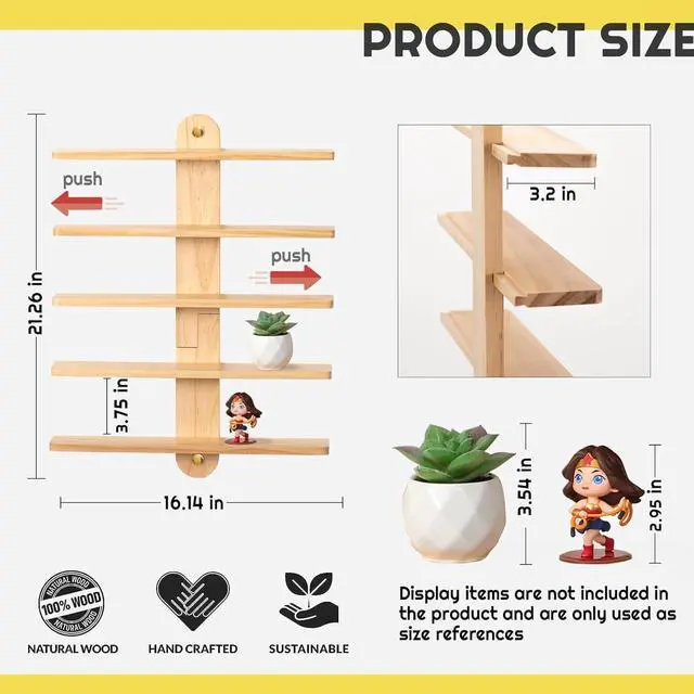 Alt view image 3 of 7 - Wooden Floating Shelves for Wall, Small Wood Display Shelves Rack for Collectibles-Figures, Mini Decor, Toy, Toniebox - 16 inches Sliding Trinket Shelf with 2 Types of Installation