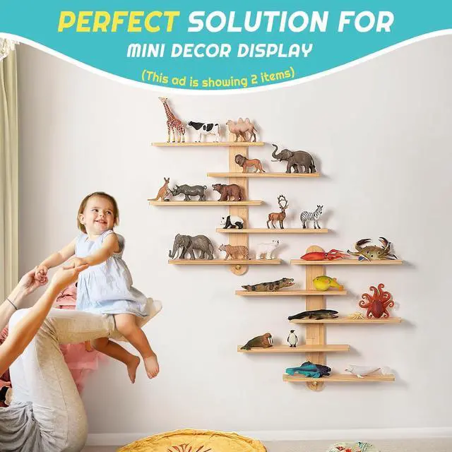 Alt view image 5 of 7 - Wooden Floating Shelves for Wall, Small Wood Display Shelves Rack for Collectibles-Figures, Mini Decor, Toy, Toniebox - 16 inches Sliding Trinket Shelf with 2 Types of Installation
