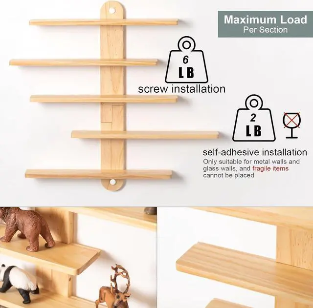Alt view image 6 of 7 - Wooden Floating Shelves for Wall, Small Wood Display Shelves Rack for Collectibles-Figures, Mini Decor, Toy, Toniebox - 16 inches Sliding Trinket Shelf with 2 Types of Installation