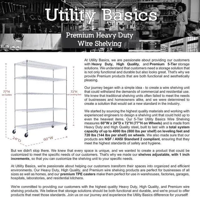 Alt view image 2 of 7 - 60"x24"x72" Chrome 5-Tier Wire Shelving Unit - NSF Certified 4000 lb Commercial Storage Rack with Wheels, Adjustable Steel Shelves for Hospital, Restaurant, Kitchen, Garage, Warehouse