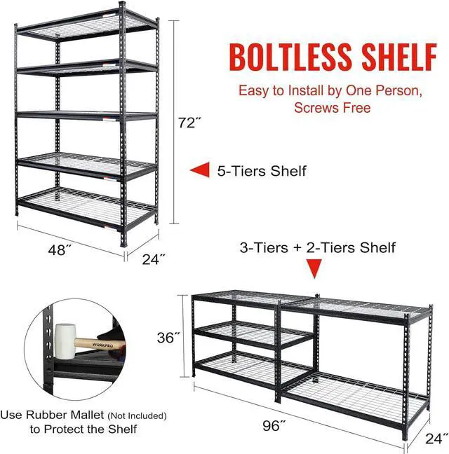 Alt view image 5 of 7 - 5-Tier Metal Storage Shelving Unit, 48W x 24D x 72H, Adjustable Storage Rack Heavy Duty Shelf, 4000 lbs Load Capacity (Total), for Garage, Kitchen, Bathroom, Warehouse, Black/Sliver
