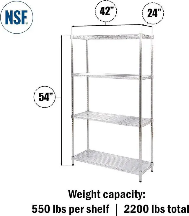 Alt view image 2 of 5 - 24" Deep x 42" Wide x 54" High 4 Tier Chrome Wire Shelving Kit | NSF Commercial Storage Rack Unit