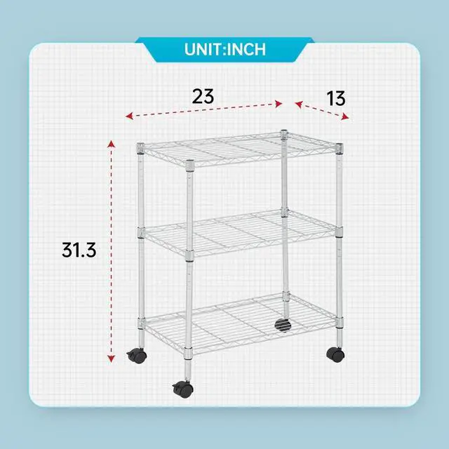 Alt view image 3 of 7 - FDW 3 Tier Wire Shelving Metal Storage Shelves 23L x 13W x 32H Layer Storage Shelves with Wheels for Kitchen Garage Small Places,Chrome