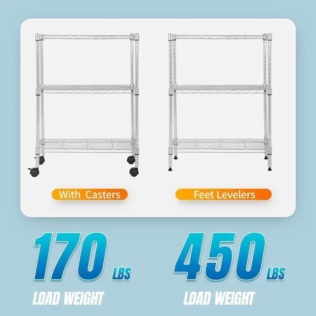 Alt view image 4 of 7 - FDW 3 Tier Wire Shelving Metal Storage Shelves 23L x 13W x 32H Layer Storage Shelves with Wheels for Kitchen Garage Small Places,Chrome