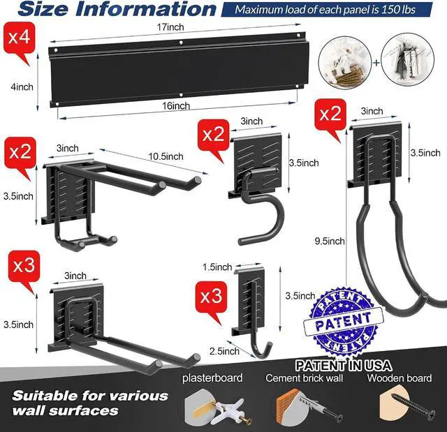 Alt view image 2 of 7 - Sttoraboks Garage Tool Storage Rack, Heavy Duty Garage Storage Organizer Rack System Wall Mounted Tool with 12 double hooks, 4 rails Garden Tool Rack