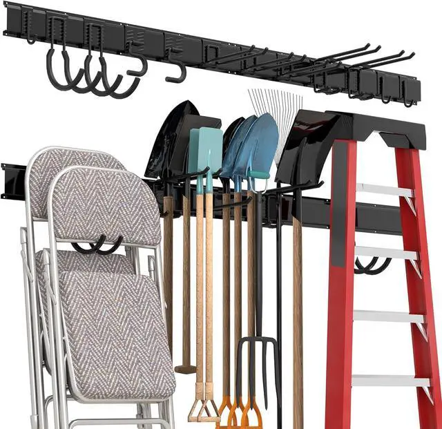 Main image of Sttoraboks Garage Tool Storage Rack, Heavy Duty Garage Storage Organizer Rack System Wall Mounted Tool with 12 double hooks, 4 rails Garden Tool Rack