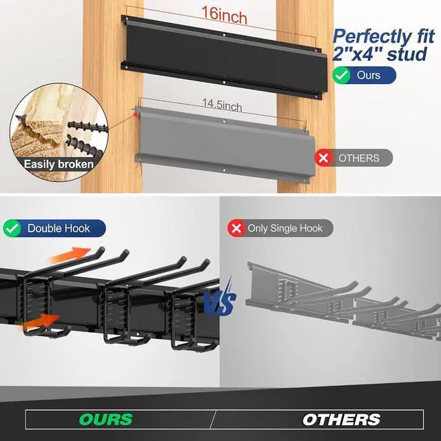 Alt view image 3 of 7 - Sttoraboks Garage Tool Storage Rack, Heavy Duty Garage Storage Organizer Rack System Wall Mounted Tool with 12 double hooks, 4 rails Garden Tool Rack