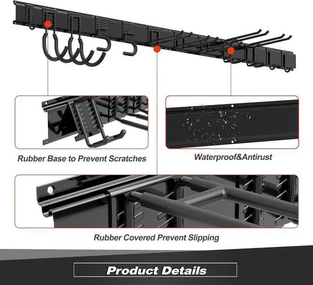 Alt view image 4 of 7 - Sttoraboks Garage Tool Storage Rack, Heavy Duty Garage Storage Organizer Rack System Wall Mounted Tool with 12 double hooks, 4 rails Garden Tool Rack