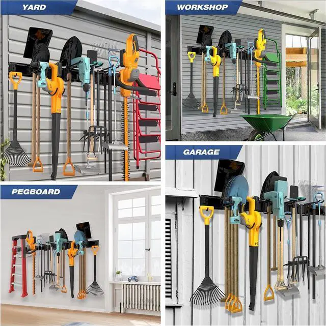 Alt view image 6 of 7 - Sttoraboks Garage Tool Storage Rack, Heavy Duty Garage Storage Organizer Rack System Wall Mounted Tool with 12 double hooks, 4 rails Garden Tool Rack