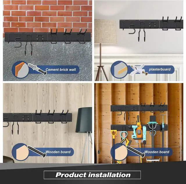 Alt view image 5 of 7 - Sttoraboks Garage Tool Storage Rack, Heavy Duty Garage Storage Organizer Rack System Wall Mounted Tool with 12 double hooks, 4 rails Garden Tool Rack