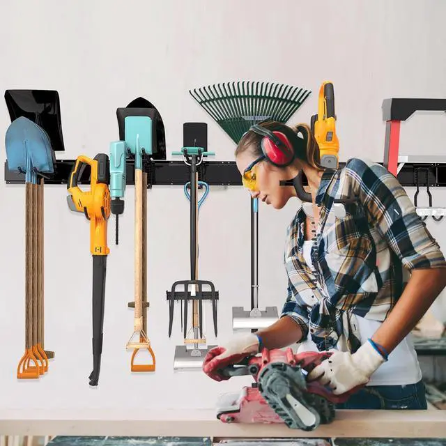 Alt view image 7 of 7 - Sttoraboks Garage Tool Storage Rack, Heavy Duty Garage Storage Organizer Rack System Wall Mounted Tool with 12 double hooks, 4 rails Garden Tool Rack