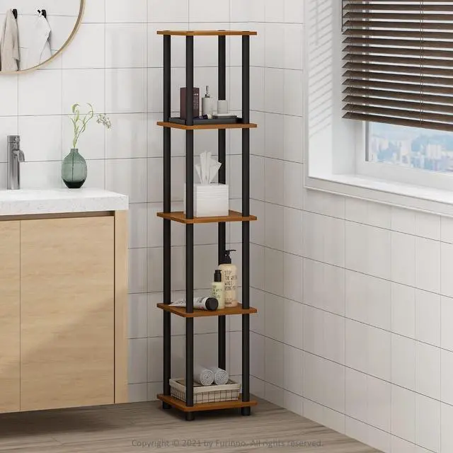 Alt view image 2 of 6 - FURINNO Turn-N-Tube 5-Tier Corner Square Rack Display Shelf, Round, Light Cherry/Black