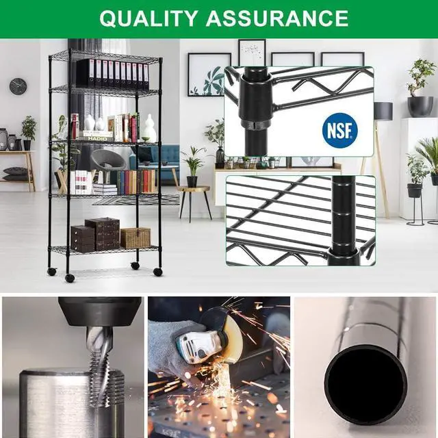 Alt view image 3 of 7 - 5 Tier Wire Shelving Unit, Storage Metal Shelves, Standing Shelf Units, NSF Heavy Duty Height Adjustable Garage Shelving, 14" W x 30" L x 60" H, Commercial Racks with Wheels, Black