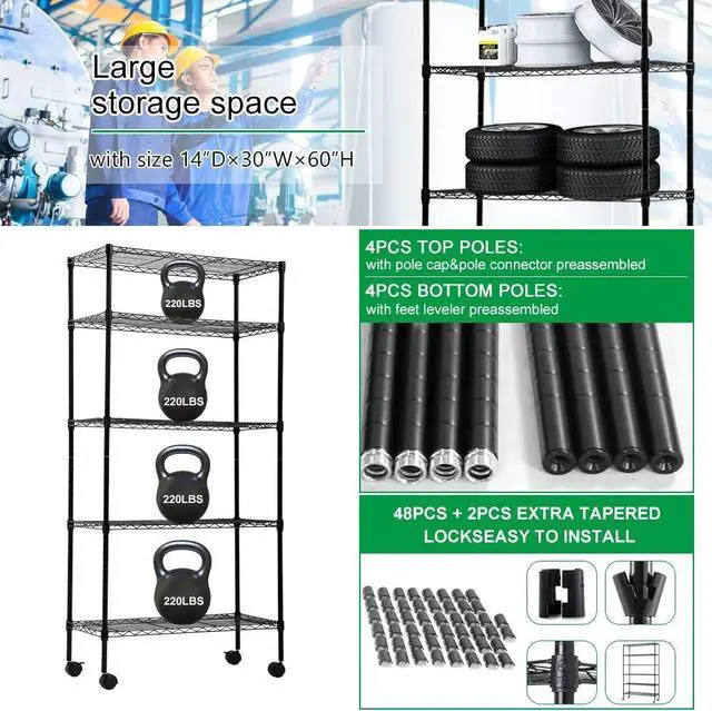 Alt view image 6 of 7 - 5 Tier Wire Shelving Unit, Storage Metal Shelves, Standing Shelf Units, NSF Heavy Duty Height Adjustable Garage Shelving, 14" W x 30" L x 60" H, Commercial Racks with Wheels, Black