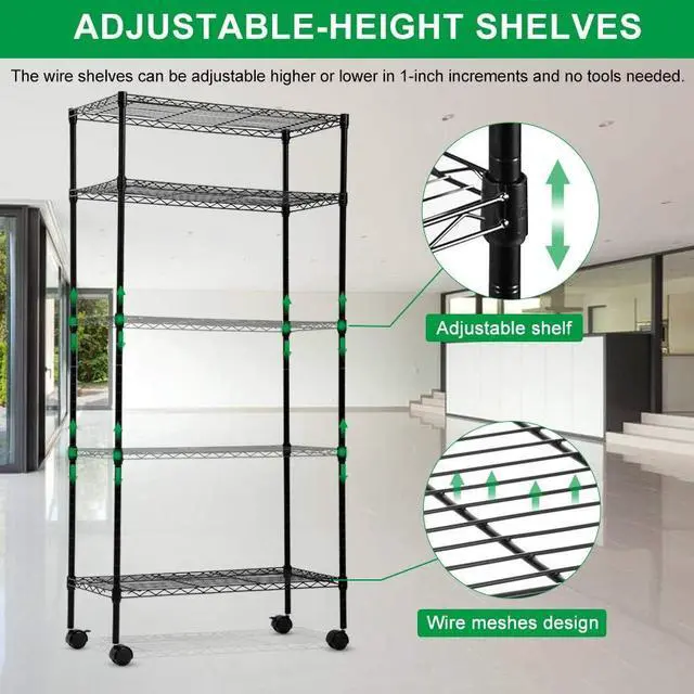 Alt view image 7 of 7 - 5 Tier Wire Shelving Unit, Storage Metal Shelves, Standing Shelf Units, NSF Heavy Duty Height Adjustable Garage Shelving, 14" W x 30" L x 60" H, Commercial Racks with Wheels, Black
