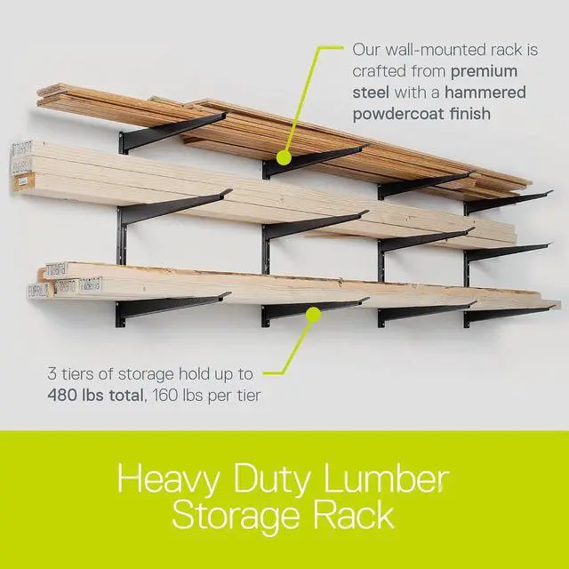 Alt view image 3 of 6 - Delta Heavy Duty Wood and Lumber Storage Rack, Holds Up To 480 lbs - Easy to Install Mounted Rack With Steel Construction for Indoor & Outdoor Storage Solution For Garage, Basement & Pantry Cycle