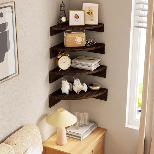 Alt view image 2 of 7 - Alsonerbay Wood Corner Floating Shelves Wall Mount 4-Pack, Dark Brown