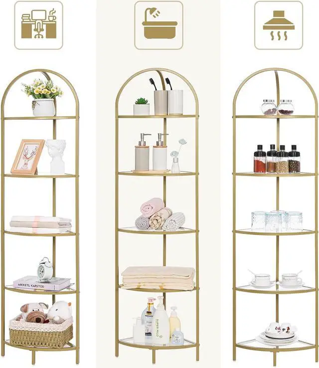Alt view image 3 of 7 - Homhedy 5-Tier Gold Corner Shelf Stand, Metal Corner Bookshelf