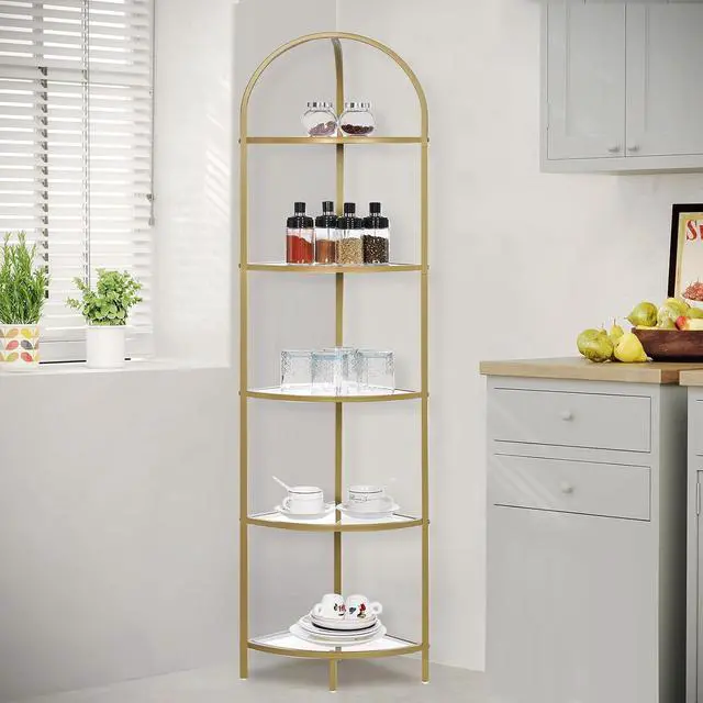 Alt view image 4 of 7 - Homhedy 5-Tier Gold Corner Shelf Stand, Metal Corner Bookshelf