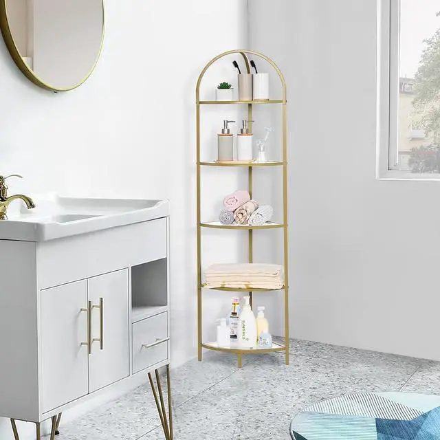 Alt view image 5 of 7 - Homhedy 5-Tier Gold Corner Shelf Stand, Metal Corner Bookshelf