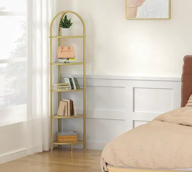 Alt view image 7 of 7 - Homhedy 5-Tier Gold Corner Shelf Stand, Metal Corner Bookshelf