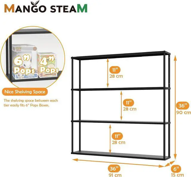 Alt view image 3 of 7 - Mango Steam Wall-Mounted Steel Floating Shelving Unit for Kitchen, Storage or Display Use -36 H x 36 W x 6 D Inches- Black -