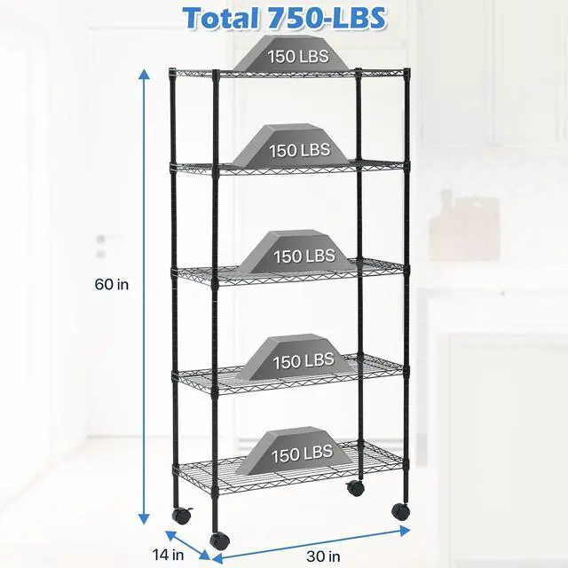 Alt view image 3 of 7 - Dkeli 5 Tier Wire Shelving with Wheels, 14"x30"x60" Storage Shelves NSF Heavy Duty Adjustable Utility Rolling Steel Garage Shelving Metal Storage Rack, Black