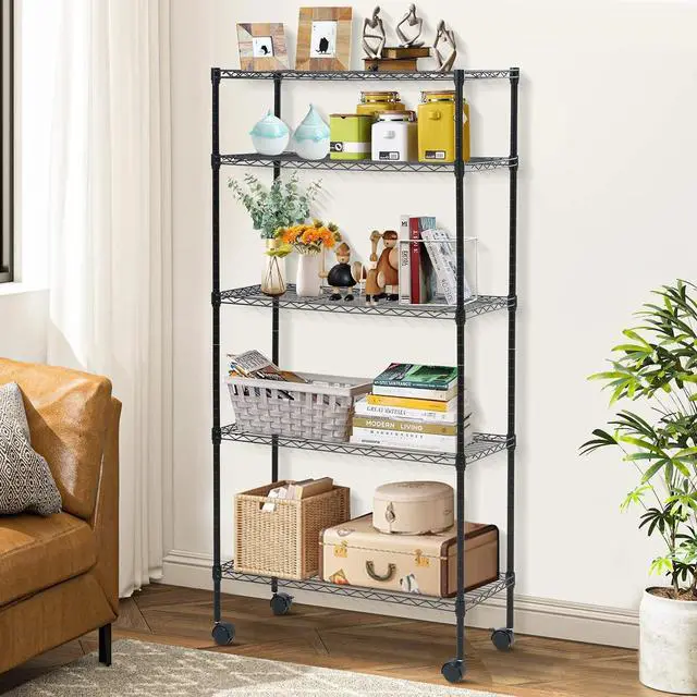 Alt view image 2 of 7 - Dkeli 5 Tier Wire Shelving with Wheels, 14"x30"x60" Storage Shelves NSF Heavy Duty Adjustable Utility Rolling Steel Garage Shelving Metal Storage Rack, Black