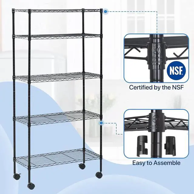 Alt view image 4 of 7 - Dkeli 5 Tier Wire Shelving with Wheels, 14"x30"x60" Storage Shelves NSF Heavy Duty Adjustable Utility Rolling Steel Garage Shelving Metal Storage Rack, Black