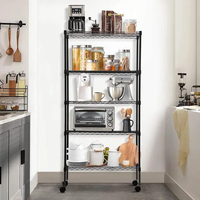 Alt view image 6 of 7 - Dkeli 5 Tier Wire Shelving with Wheels, 14"x30"x60" Storage Shelves NSF Heavy Duty Adjustable Utility Rolling Steel Garage Shelving Metal Storage Rack, Black