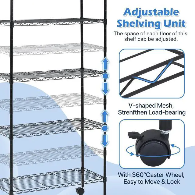 Alt view image 5 of 7 - Dkeli 5 Tier Wire Shelving with Wheels, 14"x30"x60" Storage Shelves NSF Heavy Duty Adjustable Utility Rolling Steel Garage Shelving Metal Storage Rack, Black
