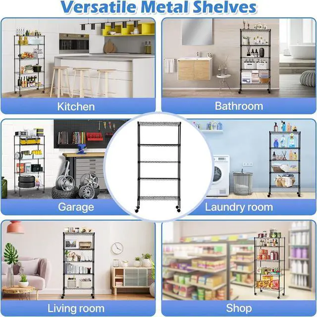 Alt view image 7 of 7 - Dkeli 5 Tier Wire Shelving with Wheels, 14"x30"x60" Storage Shelves NSF Heavy Duty Adjustable Utility Rolling Steel Garage Shelving Metal Storage Rack, Black