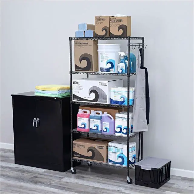 Alt view image 2 of 7 - Alera 5-Shelf Wire Shelving Kit with Casters and Shelf Liners, 36w X 18d X 72h, Black Anthracite