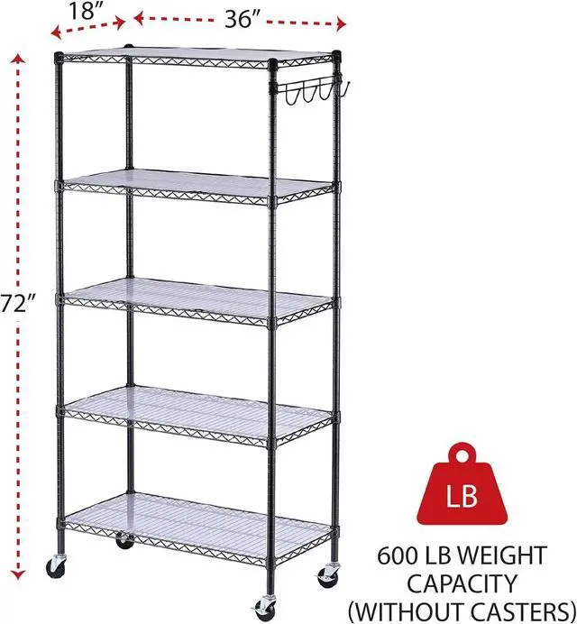Alt view image 3 of 7 - Alera 5-Shelf Wire Shelving Kit with Casters and Shelf Liners, 36w X 18d X 72h, Black Anthracite