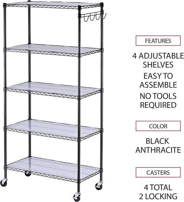 Alt view image 4 of 7 - Alera 5-Shelf Wire Shelving Kit with Casters and Shelf Liners, 36w X 18d X 72h, Black Anthracite