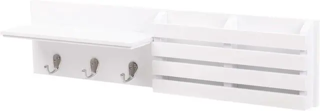 Alt view image 2 of 7 - Kiera Grace Sydney Floating Shelf, Modern Wall Mounted Shelf with 3 Metal Hooks and Mail Holder for Home, Office, 24", White, 1Pack