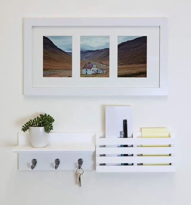 Alt view image 5 of 7 - Kiera Grace Sydney Floating Shelf, Modern Wall Mounted Shelf with 3 Metal Hooks and Mail Holder for Home, Office, 24", White, 1Pack